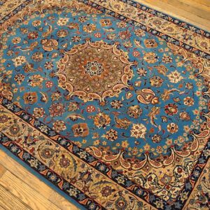 Mid 20th Century Blue Medallion Isfahan Carpet with Silk Highlights Wool Knotted - detail view 4