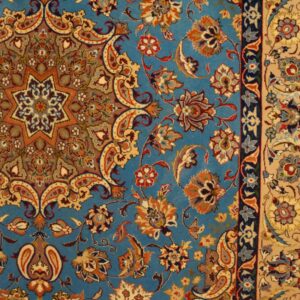 Mid 20th Century Blue Medallion Isfahan Carpet with Silk Highlights Wool Knotted - detail view 5