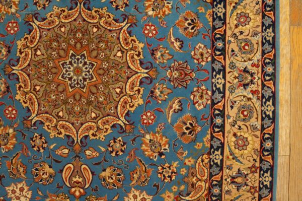 Mid 20th century blue medallion isfahan carpet with silk highlights wool knotted 6 Mid 20th century blue medallion isfahan carpet with silk highlights wool knotted - detail view 5