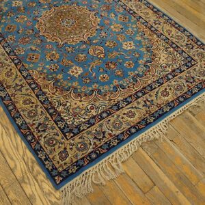 Mid 20th Century Blue Medallion Isfahan Carpet with Silk Highlights Wool Knotted - detail view 6