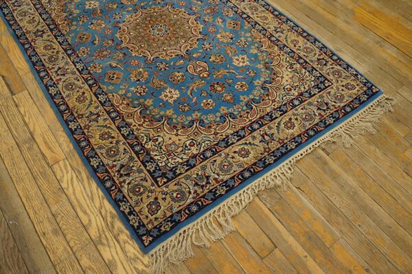 Mid 20th century blue medallion isfahan carpet with silk highlights wool knotted 7 Mid 20th century blue medallion isfahan carpet with silk highlights wool knotted - detail view 6