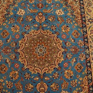 Mid 20th Century Blue Medallion Isfahan Carpet with Silk Highlights Wool Knotted - detail view 7