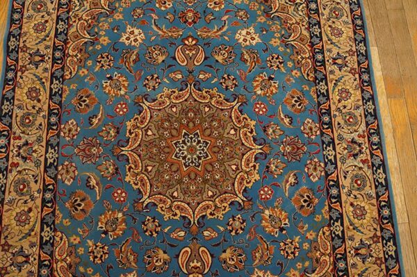 Mid 20th century blue medallion isfahan carpet with silk highlights wool knotted 8 Mid 20th century blue medallion isfahan carpet with silk highlights wool knotted - detail view 7