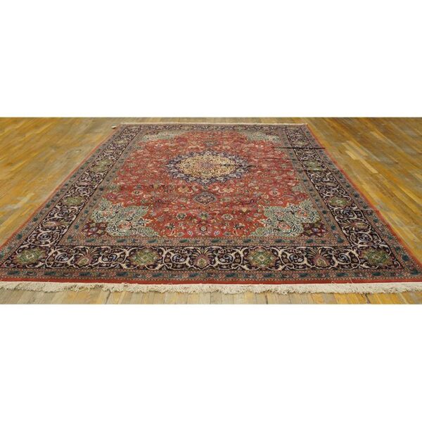 Mid 20th century red rust ground medallion antique tabriz handknotted wool rug - detail view 1