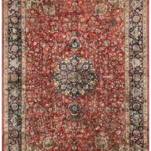 Mid 20th Century Small Traditional Rust Floral Antique Tabriz Knotted Wool Rug