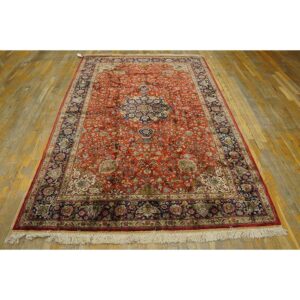Mid 20th Century Small Traditional Rust Floral Antique Tabriz Knotted Wool Rug - detail view 1