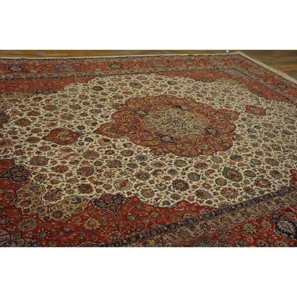 Mid century modern antique beige floral traditional moud handknotted wool rug 3 Mid century modern antique beige floral traditional moud handknotted wool rug - detail view 2