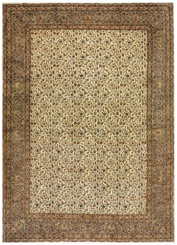 Mid century modern beige fine floral large scale antique tabriz knotted wool rug 1 Mid century modern beige fine floral large scale antique tabriz knotted wool rug
