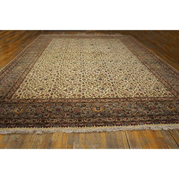Mid century modern beige fine floral large scale antique tabriz knotted wool rug 2 Mid century modern beige fine floral large scale antique tabriz knotted wool rug - detail view 1