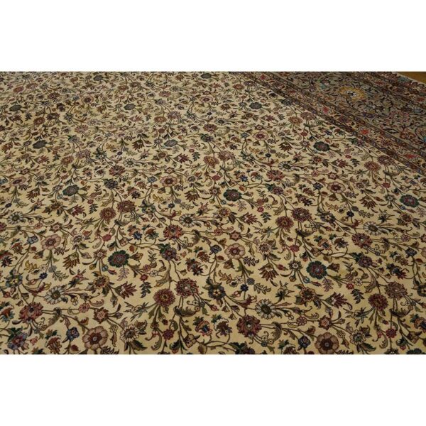 Mid century modern beige fine floral large scale antique tabriz knotted wool rug 4 Mid century modern beige fine floral large scale antique tabriz knotted wool rug - detail view 3