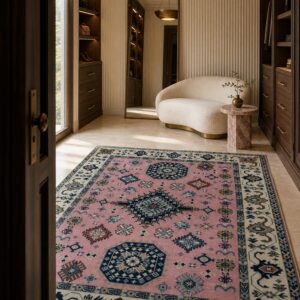Pink and ivory Kazak rug in a dressing room