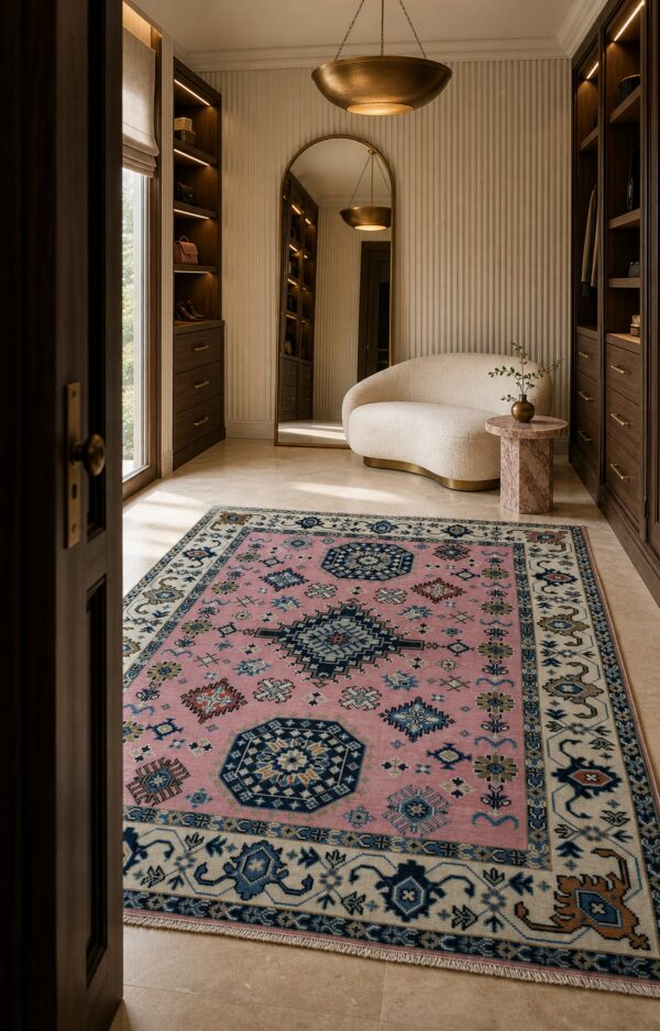 Pink and ivory traditional kazak hand-knotted wool rug 8' x 10' 12 Pink and ivory kazak rug in a dressing room