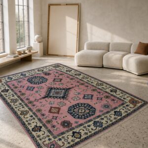 Pink and ivory Kazak rug in a living room