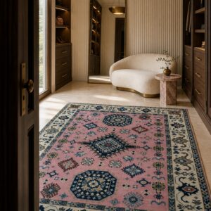 Pink ivory Kazak rug styled in a dressing room