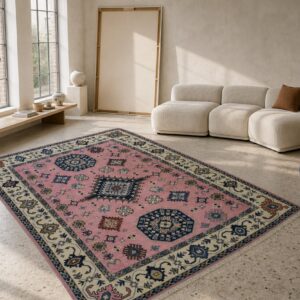 Pink ivory Kazak rug styled in a living room