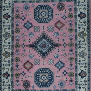 Pink and ivory traditional Kazak hand-knotted wool rug, full overhead view