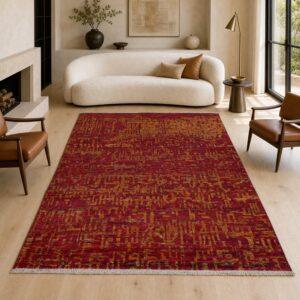 Red abstract sari-silk Anand rug in a contemporary living room