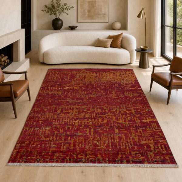 Red abstract sari-silk anand rug in a contemporary living room