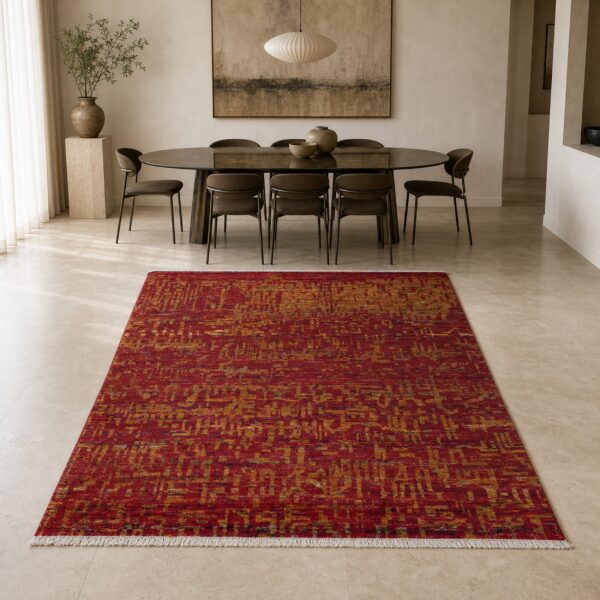 Red abstract sari-silk anand rug in a gallery-style dining room
