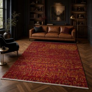 Red sari-silk Anand rug in a moody library