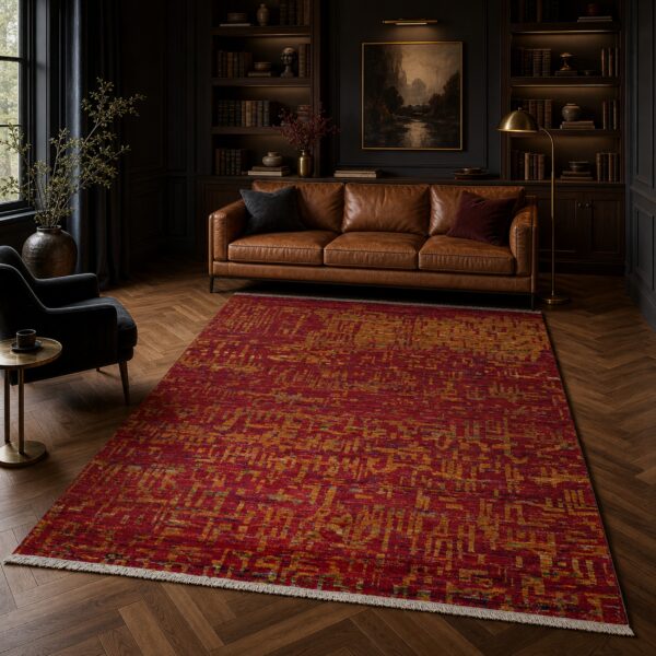 Red sari-silk anand rug in a moody library