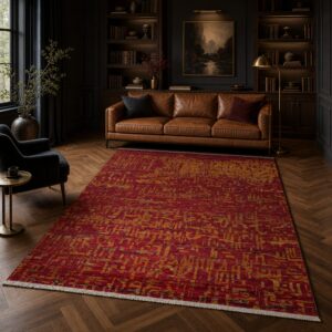 Red abstract sari-silk Anand rug in a moody library with leather sofa