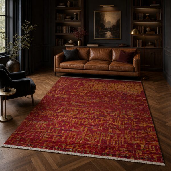 Red abstract sari-silk anand rug in a moody library with leather sofa
