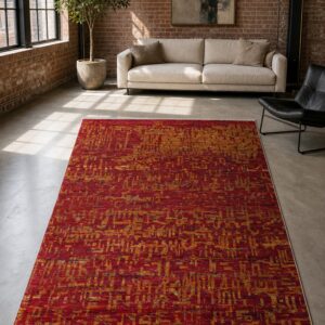 Red sari-silk Anand rug in an urban loft