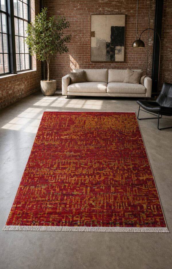 Red sari-silk anand rug in an urban loft