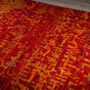Sari-silk red abstract Anand rug angled full-field view