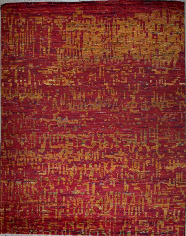 Hand-knotted sari-silk red abstract anand area rug, 8 x 10, full overhead view