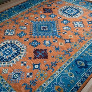 Rust blue Kazak hand-knotted rug, angled full view
