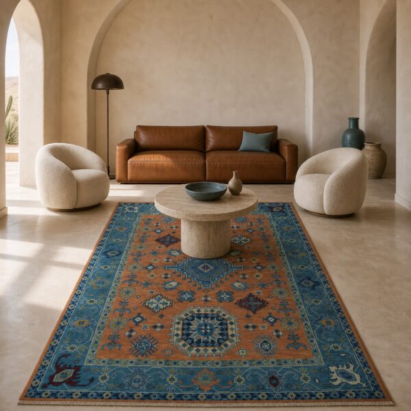 Rust blue kazak rug styled in a living room with leather sofa