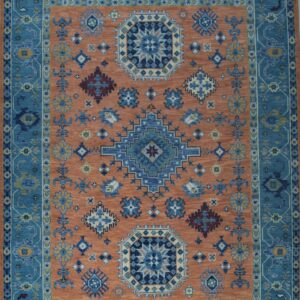 Rust and blue traditional Kazak hand-knotted wool rug, full overhead view