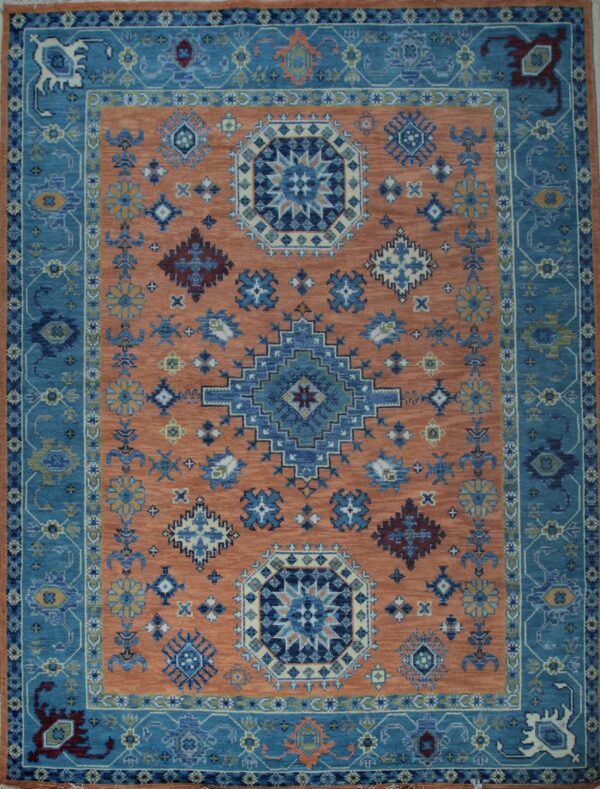 Rust and blue traditional kazak hand-knotted wool rug, full overhead view