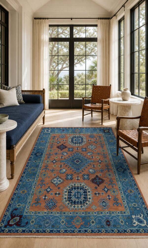 Rust blue kazak rug styled in a sunroom