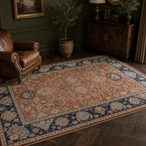 Rust Oushak floral rug styled in a green library with a leather chair