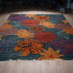 Teal multicolor contemporary floral wool rug, full view