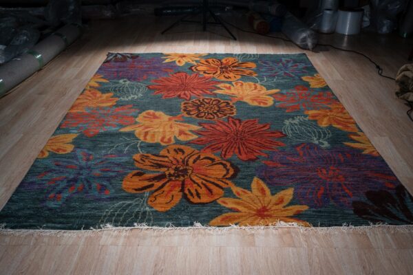 Teal multicolor contemporary floral wool rug, full view