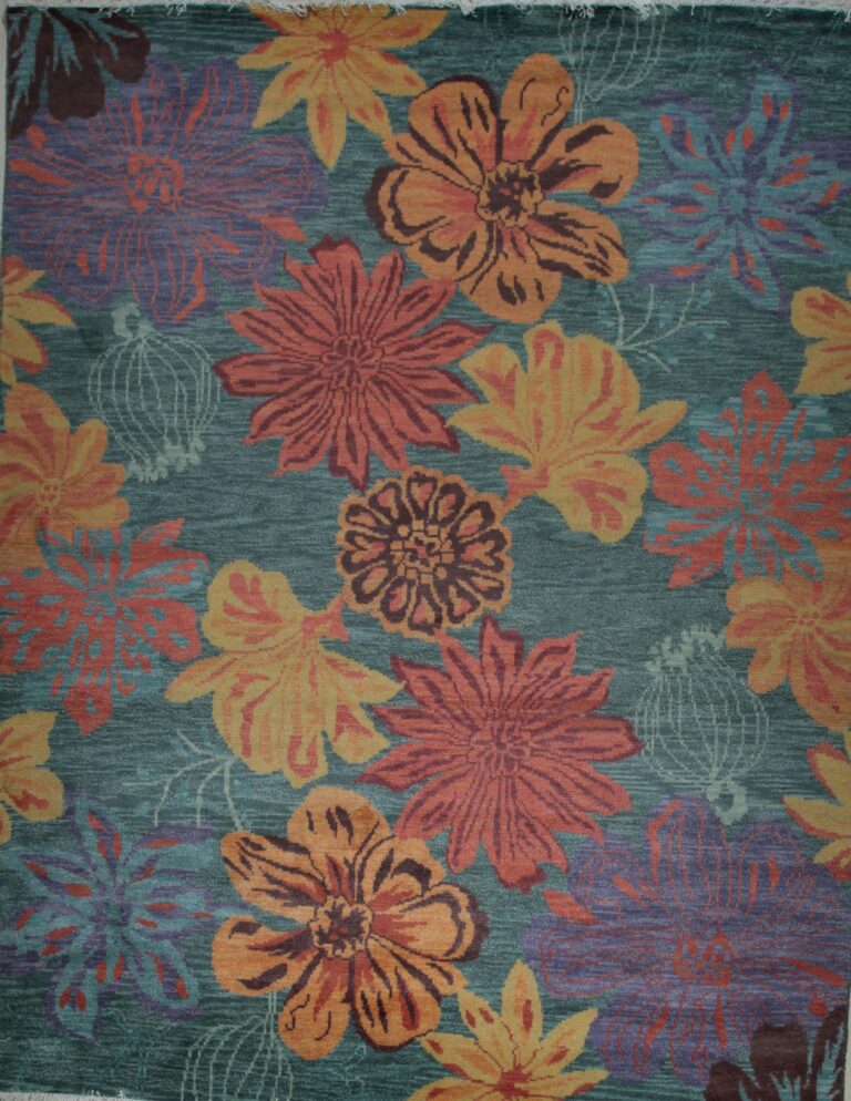 Antique & vintage rugs, new york — est. 1976 8 Teal multicolor contemporary floral hand-knotted wool area rug, 8 by 10 feet