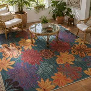 Teal multicolor contemporary floral rug styled in a sunroom