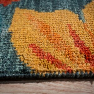 Teal contemporary floral rug pile texture close-up