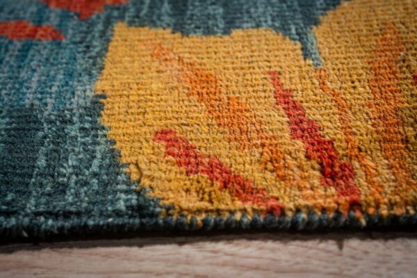 Teal contemporary floral rug pile texture close-up