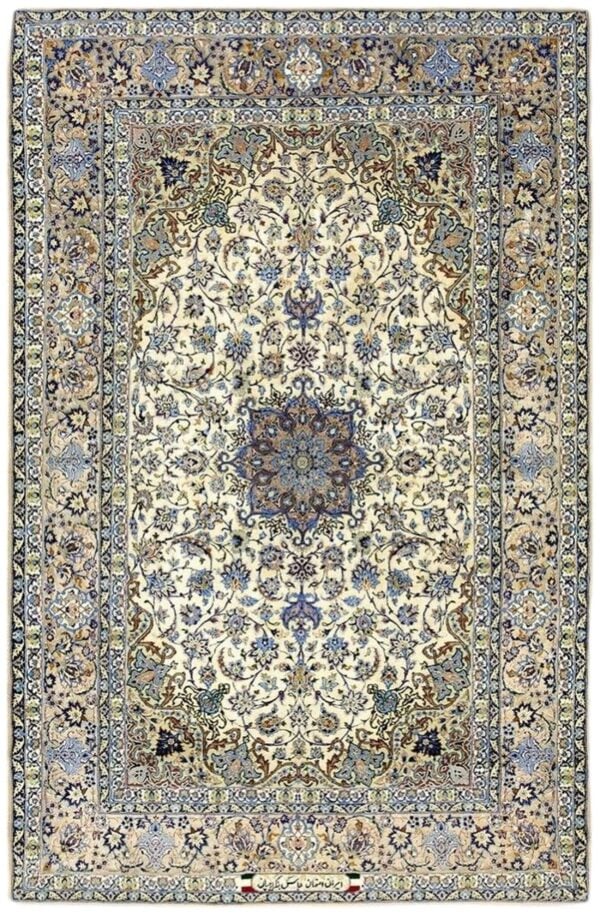Traditional mid century modern beige floral 4 star isfahan handknotted silk rug 1 Traditional mid century modern beige floral 4 star isfahan handknotted silk rug