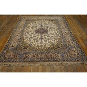 Traditional Mid Century Modern Beige Floral 4 Star Isfahan Handknotted Silk Rug - detail view 1