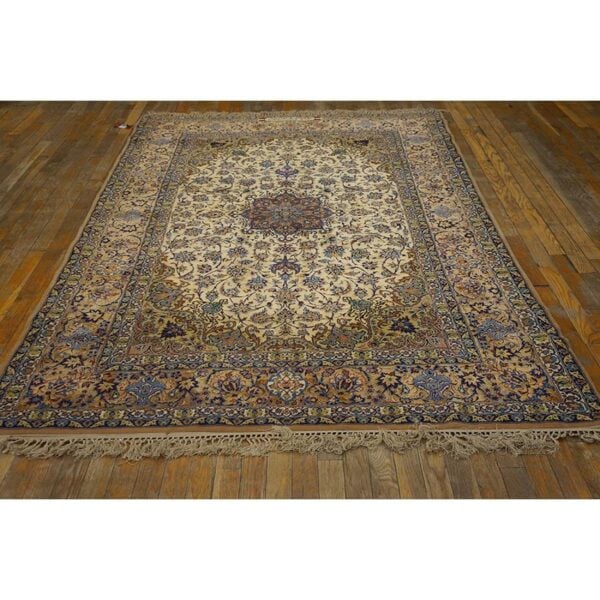 Traditional mid century modern beige floral 4 star isfahan handknotted silk rug 2 Traditional mid century modern beige floral 4 star isfahan handknotted silk rug - detail view 1