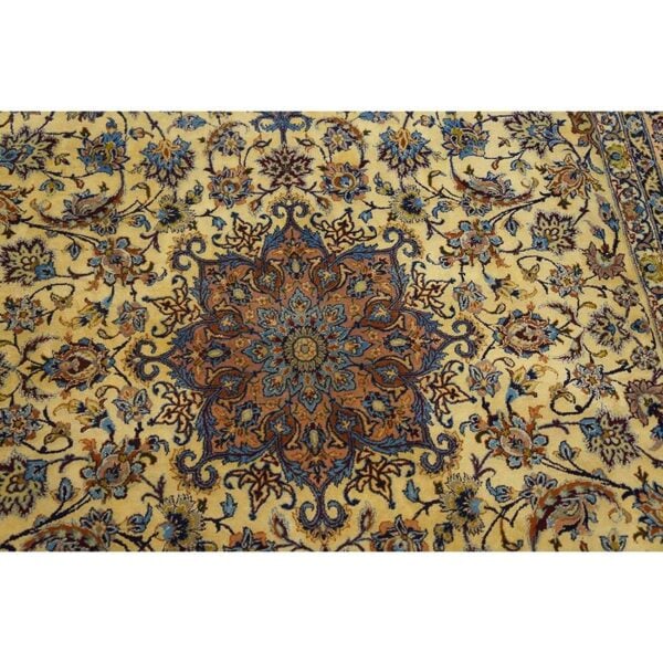 Traditional mid century modern beige floral 4 star isfahan handknotted silk rug 3 Traditional mid century modern beige floral 4 star isfahan handknotted silk rug - detail view 2