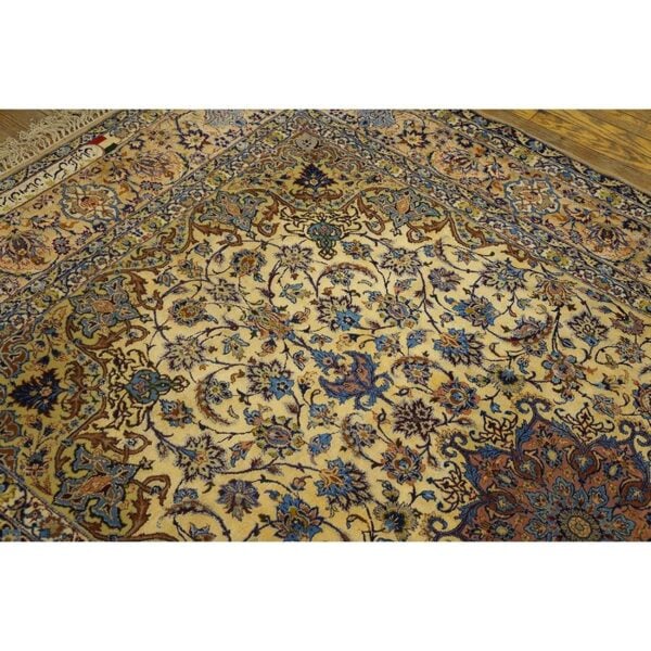 Traditional mid century modern beige floral 4 star isfahan handknotted silk rug 5 Traditional mid century modern beige floral 4 star isfahan handknotted silk rug - detail view 4