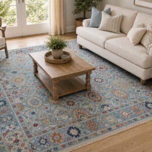 Turquoise Oushak floral rug styled in a bright living room