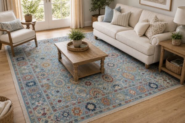 Turquoise oushak floral rug styled in a bright living room